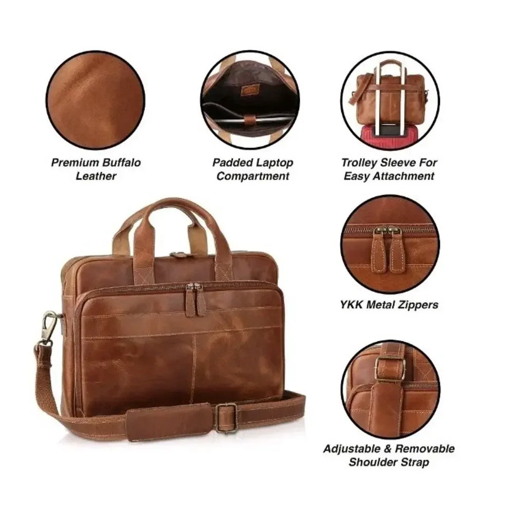 KomalC Vintage 18” Buffalo Leather Laptop Briefcase Office Bag Brown Brand New
